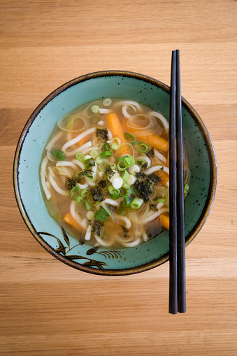 Vegetable udon noodles miso soup for lunch, one of the 5 day veggie meal
