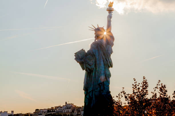 Paris, France-05 11 2025: Rear view of the Statue of liberty replica located on the Ile aux Cygnes ( Swan island) in Paris, France.