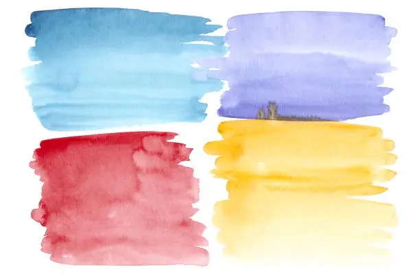 Watercolor stains of blue shades, red and yellow are applied by brush strips on a white paper texture.
