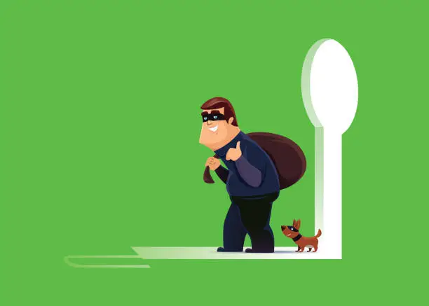 Vector illustration of cheerful thief with dog leaving unlocked exit