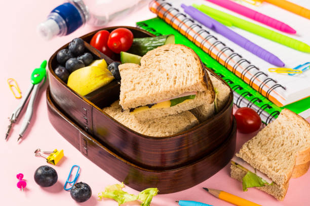 istock School wooden lunch box with sandwiches 962508130