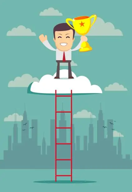 Vector illustration of Career. People climb the stairs up, at the top is a trophy