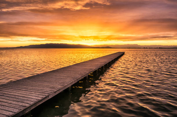 puesta del sol frente de muelle de madera en el trabucador, delta del ebro. españa - cloud morning delta landscape fotografías e imágenes de stock