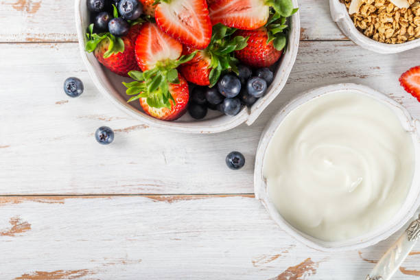 bowl of natural yogurt with granola and fresh berries - yogurt greek culture milk healthy eating imagens e fotografias de stock