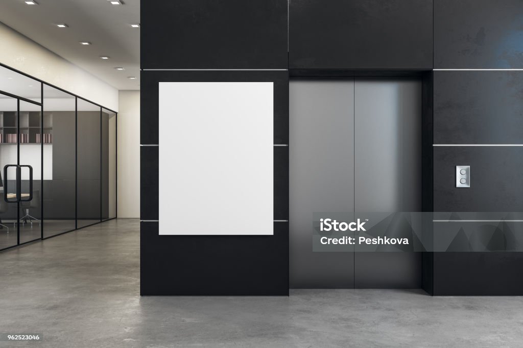 Modern office with elevator and banner Modern office interior with elevator and empty banner. Success concept. Mock up, 3D Rendering Office Stock Photo