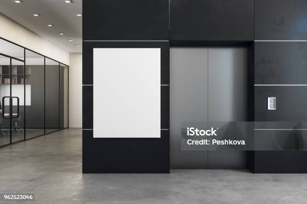 Modern Office With Elevator And Banner Stock Photo - Download Image Now - Office, Poster, Elevator