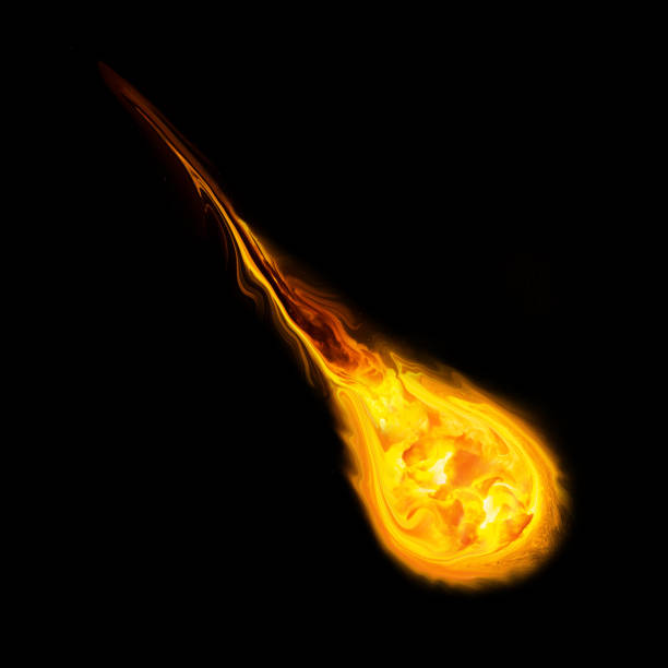cometa che si muove nello spazio. asteroide con coda di fiamma su sfondo nero - fireball exploding comet fire foto e immagini stock