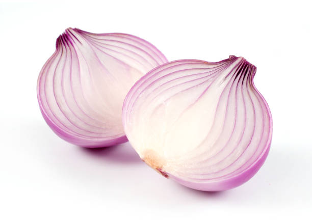 istock Red sliced onion isolated on white background 962524926