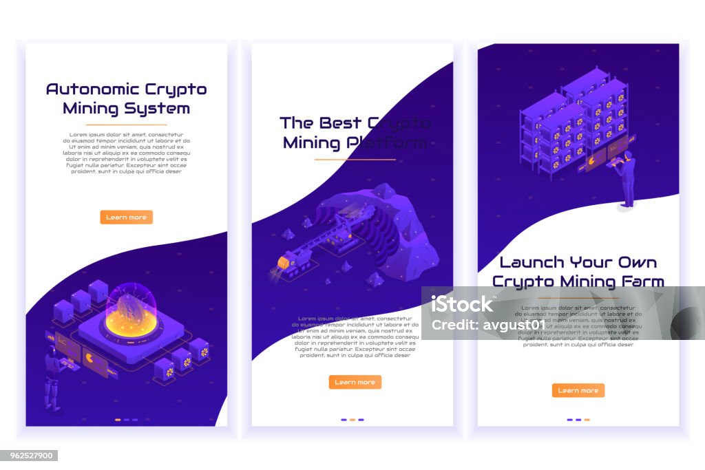 Set of isometric crypto mining concept banners Set of isometric crypto mining concept banners. Concept of cryptocurrency mining. Vector Illustration with robotic organism, businessman and heavy vehicles. Cryptocurrency Mining stock vector