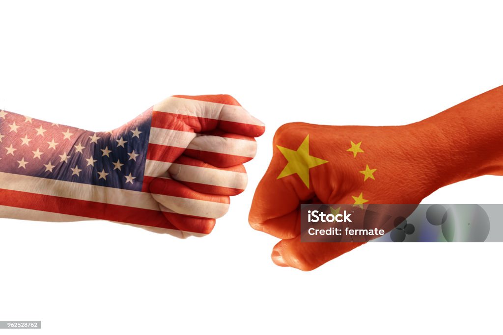 Trade Conflict Fists With The Flags Of Usa And China Against Each Other Trade Conflict Fists With The Flags Of Usa And China Against Each Other