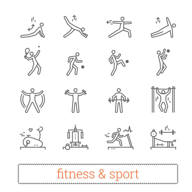 Sport, Bodybuilding, Yoga and Fitness Linear Vector Icons Collection Sport, fitness and gym exercise thin line icons. Modern linear logo concept for web, mobile apps. Gym equipment, sports lifestyle, yoga and recreation activity pictogram. Outline vector collection. jumping jacks stock illustrations