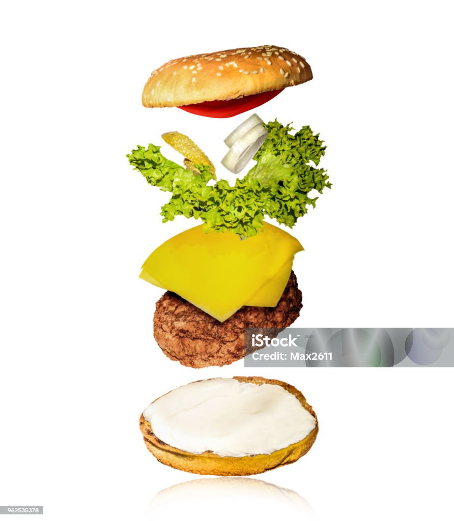 Cheeseburger Exploded View Cheeseburger Exploded View Stock Photo - Download Image Now - Falling ...