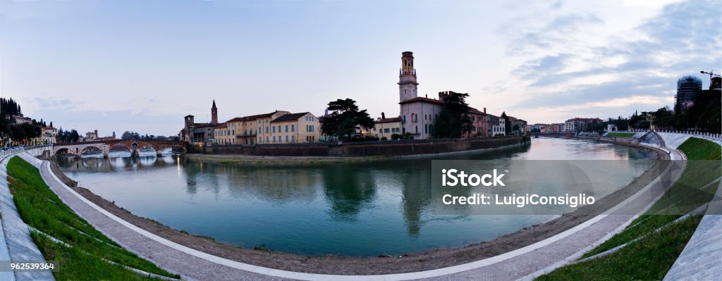 Panoramic View of Adige's Curve, Verona Verona, the Duomo district, the bell tower of the cathedral and that of Santa Anastasia. Adige River Stock Photo