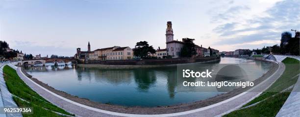 Panoramic View Of Adiges Curve Verona Stock Photo - Download Image Now - Adige River, Architecture, Bell Tower - Tower