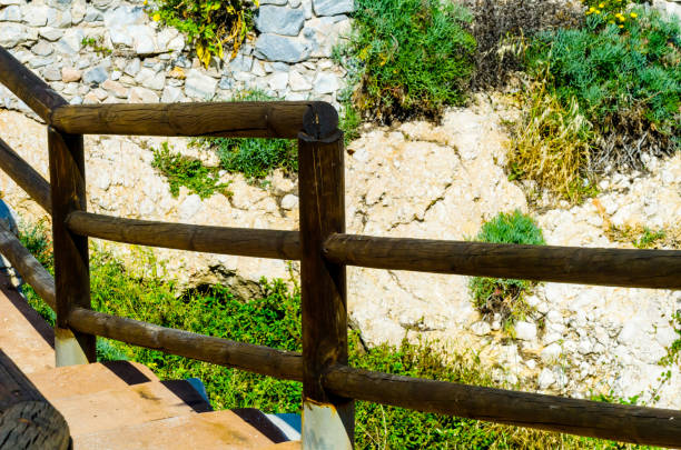 海沿岸の木製遊歩道沿い崖岩でリンコン デ ラ ビクトリア、コスタ ・ デル ・ ソル、andalucja - costa victoria ストックフォトと画像