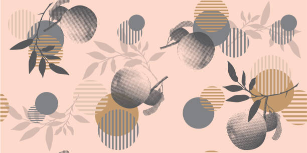 Modern floral pattern in a halftone style. Geometric shapes, apples and branches on a pink background fruit backgrounds stock illustrations