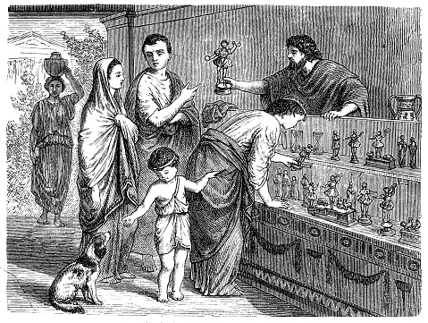 Illustration of a Sale of statues in Roman shop