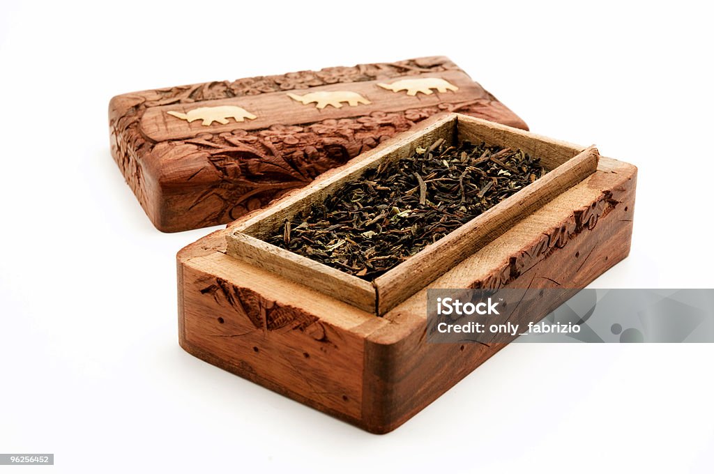 Ornate box with Darjeeling Tea  Black Color Stock Photo