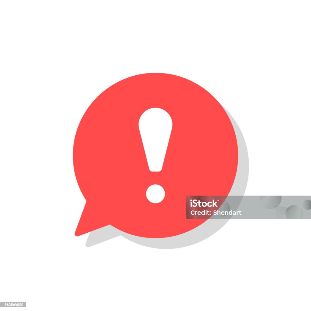 Exclamation mark in bubble speech vector icon. concept os attention or warning sign. Danger information or risk info icon. Flat vector illustration isolated on white background. Exclamation mark in bubble speech vector icon. concept os attention or warning sign. Danger information or risk info icon. Flat vector illustration isolated on white background Icon Symbol stock vector