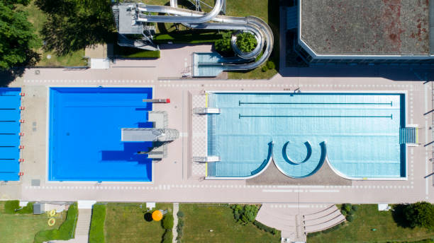 istock Open-air swimming pool, aerial view 962565156