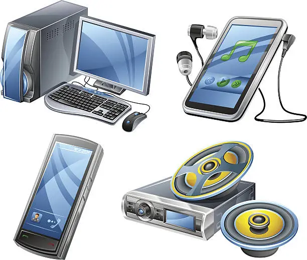 Vector illustration of Computer, player, phone, car radio
