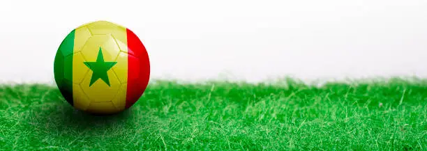 Photo of Panoramic Green grass isolated on white background and flagged soccer ball