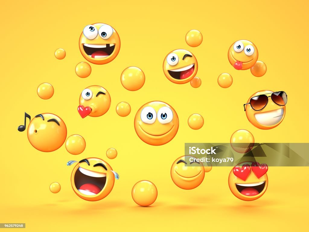 Various emojis on yellow background Various emojis on yellow background, 3d rendering Emoticon Stock Photo