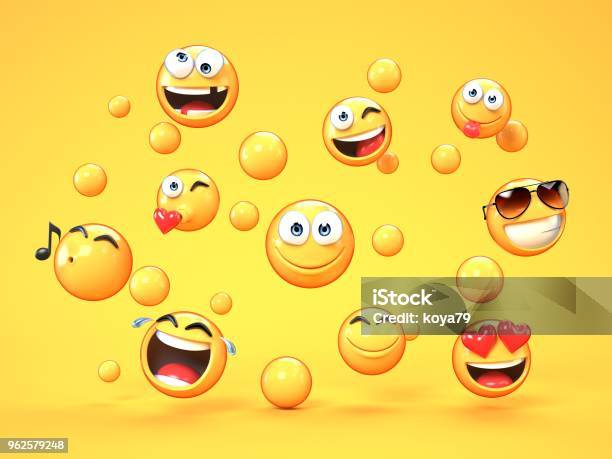 Various Emojis On Yellow Background Stock Photo - Download Image Now - Emoticon, Anthropomorphic Smiley Face, Three Dimensional