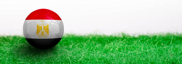 istock Panoramic Green grass isolated on white background and flagged soccer ball 962581186