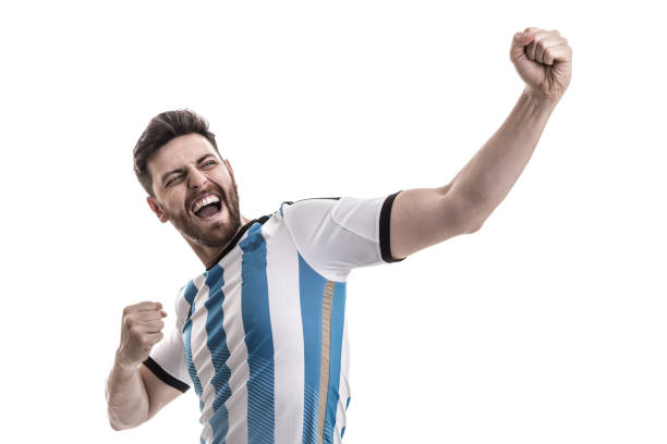 argentinian male athlete / fan celebrating on white background - fan sport football male imagens e fotografias de stock