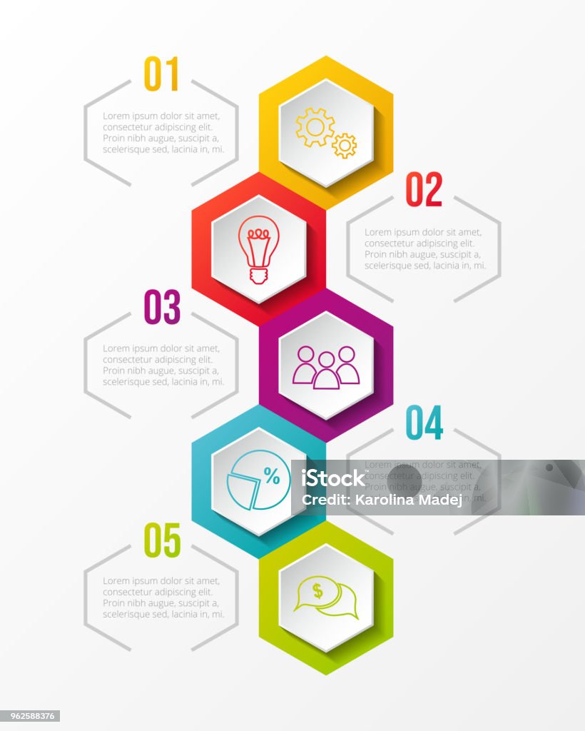 Hexagonal infographic with colourful business icons. Vector. Infographic stock vector