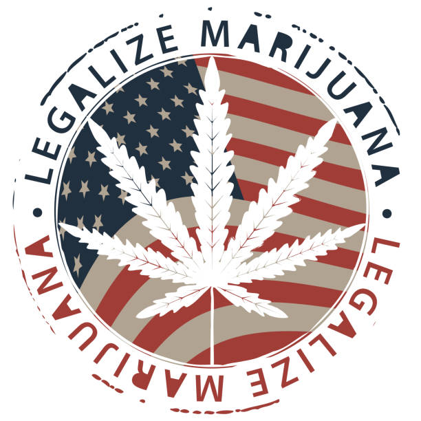 banner for legalize marijuana with cannabis leaf Vector banner for legalize marijuana with hemp leaf on the background of american flag. Natural product made from organic hemp. Smoking weed. Medical cannabis logo legalization stock illustrations