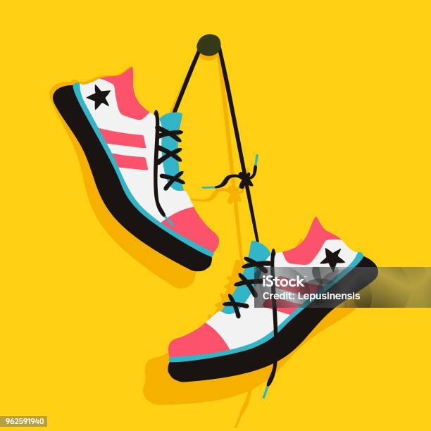 Ilustración de Zapatillas Colgando De Una Cuerda En El Fondo De Nubes y más Vectores Libres de Derechos de Zapatillas de deporte