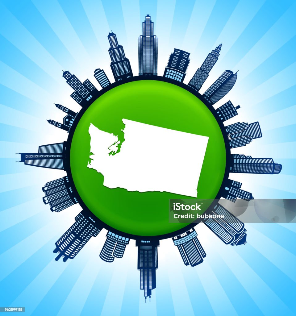 Washington State Map Green Environmental Conservation City Skyline Background Washington State Map Green Environmental Conservation City Skyline Background. The state map depicted is placed on a shiny round button. The button is in the center of the illustration. a detailed 100% vector cityscape skyline is placed around the circumference of the button and includes various office, residential condominium and commercial real estate buildings. There is a blue sky background with a star burst glow rendered behind the buildings. The image is ideal for displaying city life concepts and ideas. American Culture stock vector