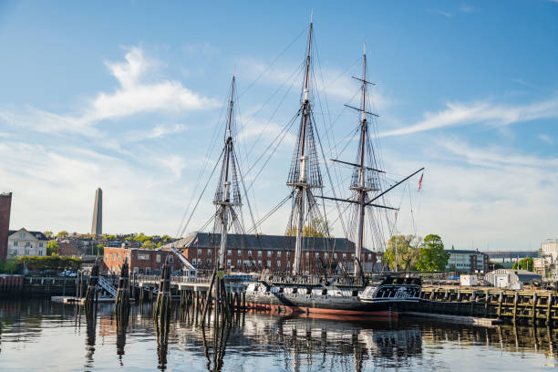 Boston, MA - May 14, 2018: The historical USS Constitution boat anchored in the Boston harbour on May 14, 2018, in Boston MA.