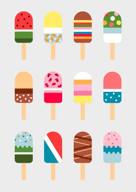 Vector illustration of Set of multicolored ice cream and popsicles.