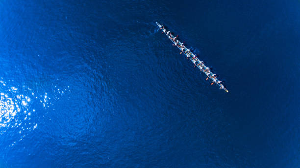 zwanzig mann im long-tail boot auf das meer. draufsicht der mann paddeln - rudern stock-fotos und bilder