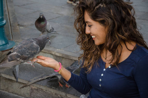 istock A smiling woman feeding a pigeon from her hand 962604118