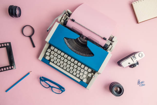 istock Flat lay of retro blogger equipment background. 962608620
