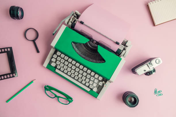 istock Flat lay of retro blogger equipment background. 962610726