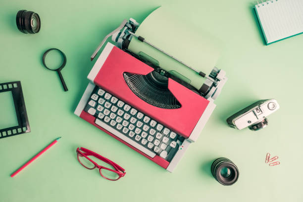 istock Flat lay of retro blogger equipment background. 962610858