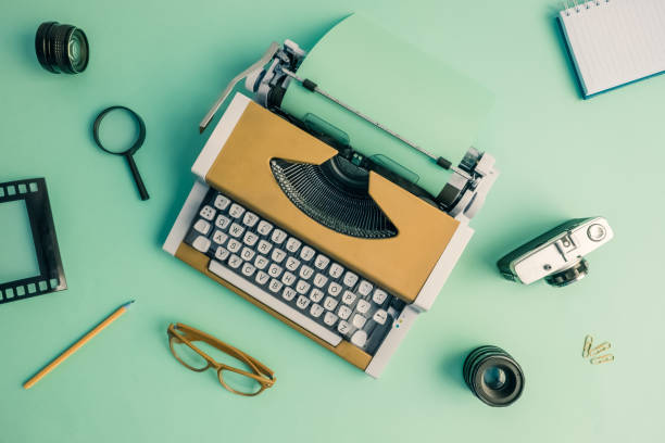 istock Flat lay of retro blogger equipment background. 962610904