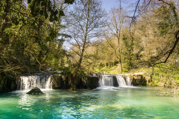 водопад в природном парке «монте гелато» в 40 км от рима, италия - moss stream rock water стоковые фото и изображения