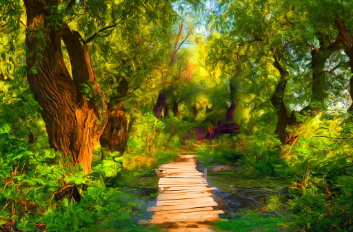 Landscape painting showing wooden bridge leading through the forest.