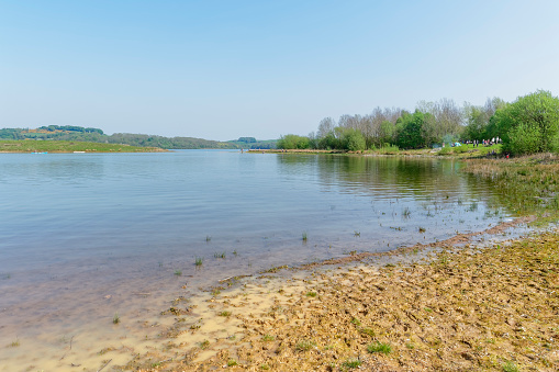 A bright spring day on the banks of Carsington Resevoir in Derbyshire. Low water levels reveal a muddy shoreline.