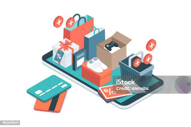 온라인 쇼핑 응용 프로그램 소매-소비자주의에 대한 스톡 벡터 아트 및 기타 이미지 - 소매-소비자주의, 쇼핑, 등측투영법