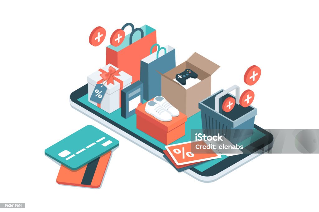 Online shopping app Online shopping app: gifts, shopping items, credit cards and discount coupons on a smartphone Retail stock vector