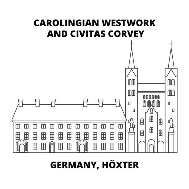 Vector illustration of Carolingian Westwork And Civitas Corvey, Germany, Hoxter line icon concept. Carolingian Westwork And Civitas Corvey, Germany, Hoxter linear vector sign, symbol, illustration.