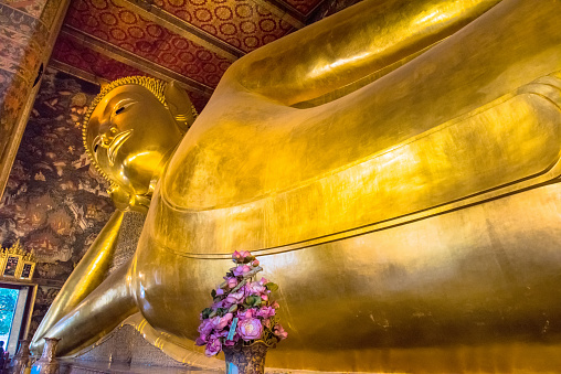 Reclining Buddha gold statue. Wat Pho, Bangkok Thailand