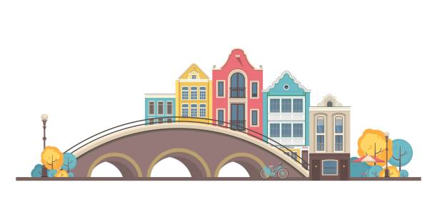 vector illustration city buildings street near bridge city amsterdam on white background